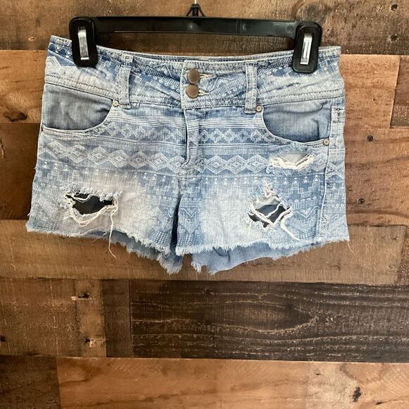 Tinseltown Shorts Jean Distressed Holes Blue White Geo Print Pockets Size 0 - Picture 10 of 10
